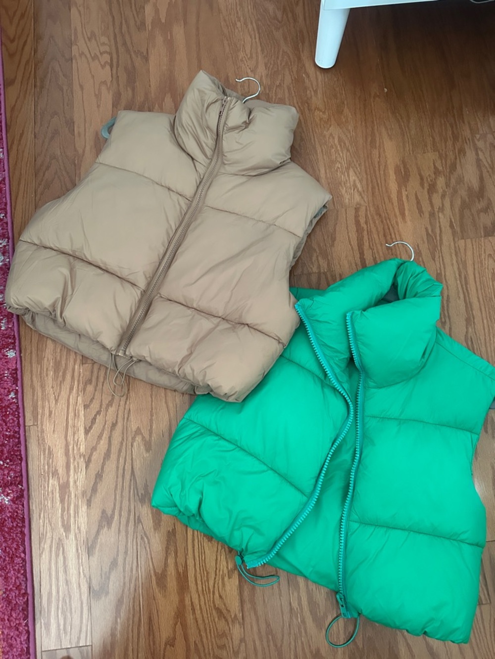 LOT OF TWO Women’s Puffer Vests in Tan and Bright Green size small